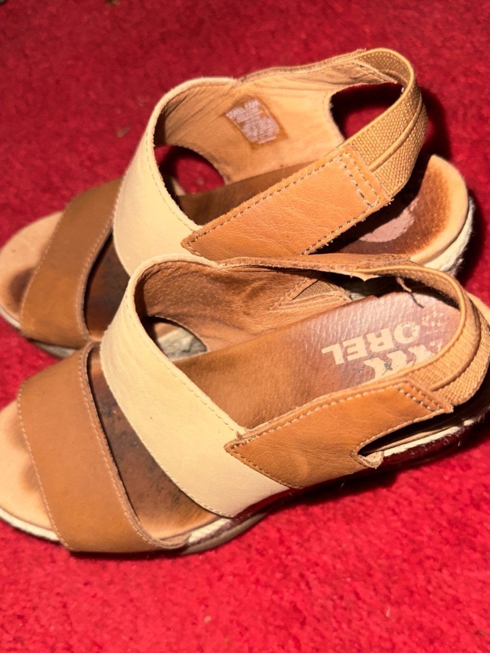 Sorel Two-Tone Tan and Cream Leather Wedge Sandals